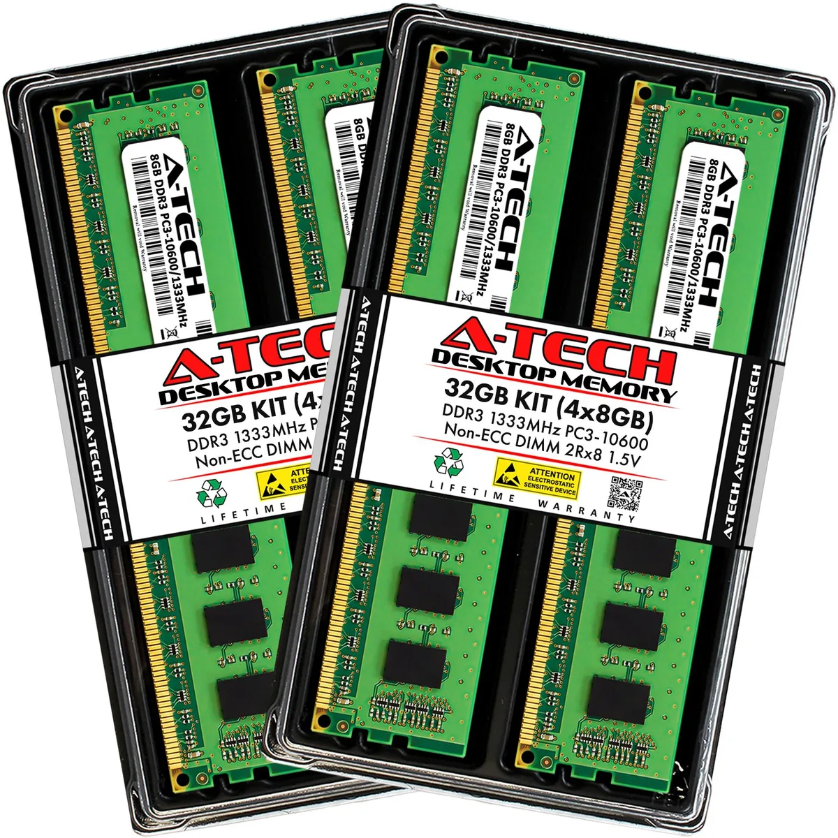 Four green DDR3 DIMMs with gold contacts and black chips, no heat spreaders