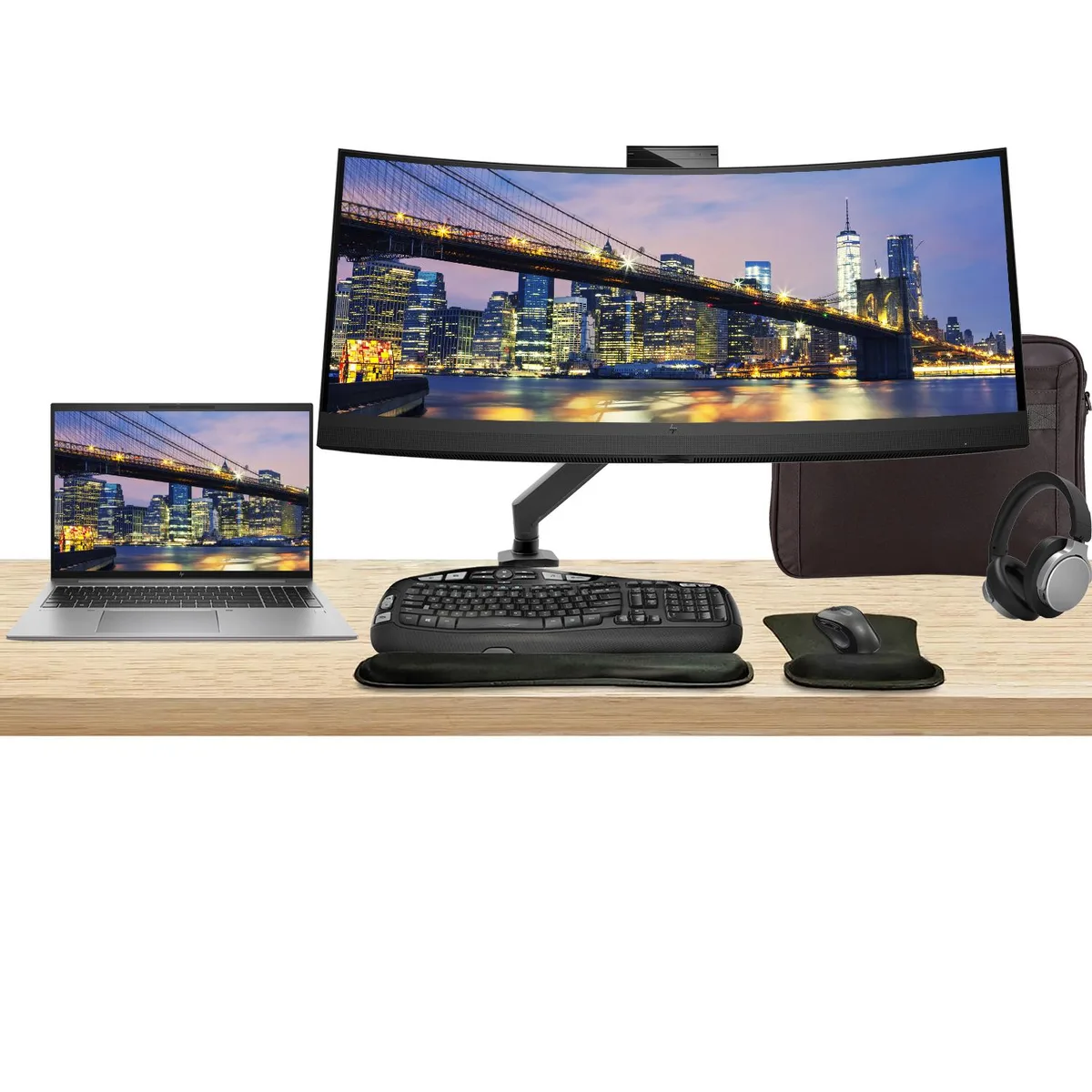 HP ZBook Firefly 16 inch laptop with 34 inch curved monitor, wireless keyboard, mouse, headphones, briefcase and monitor arm