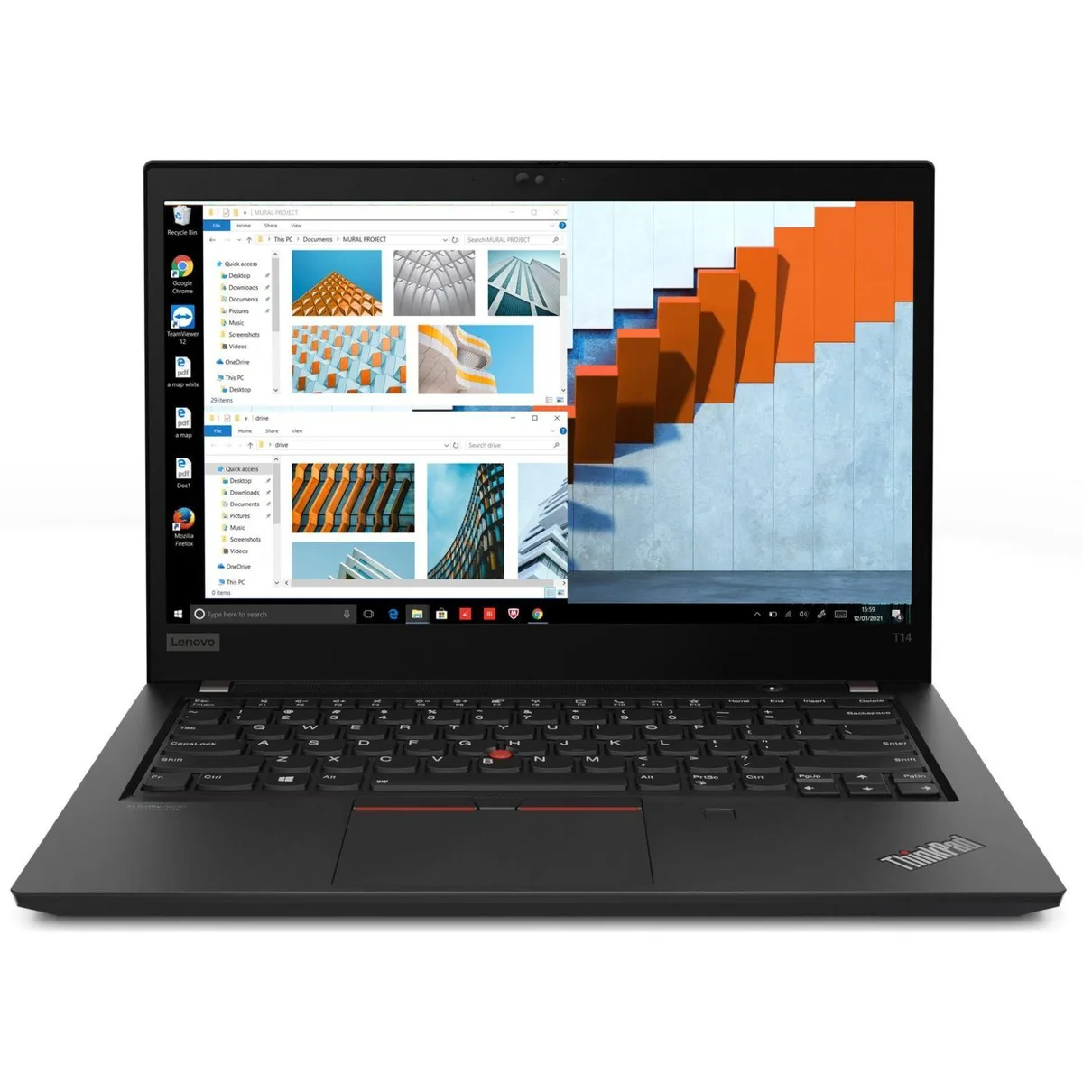 Black ThinkPad T14 Gen 2 laptop, matte finish, minor scratches and dents visible