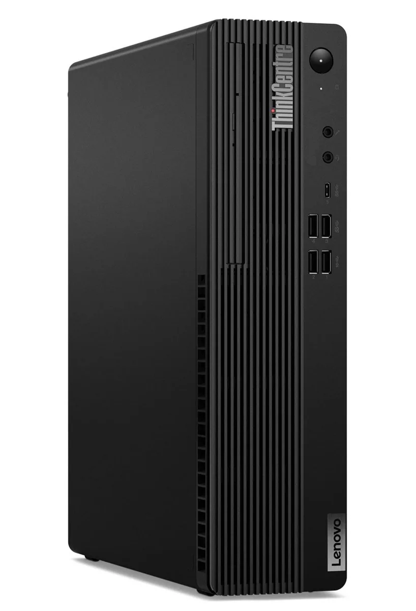 Compact black small-form-factor desktop tower with optical drive slot and front ports