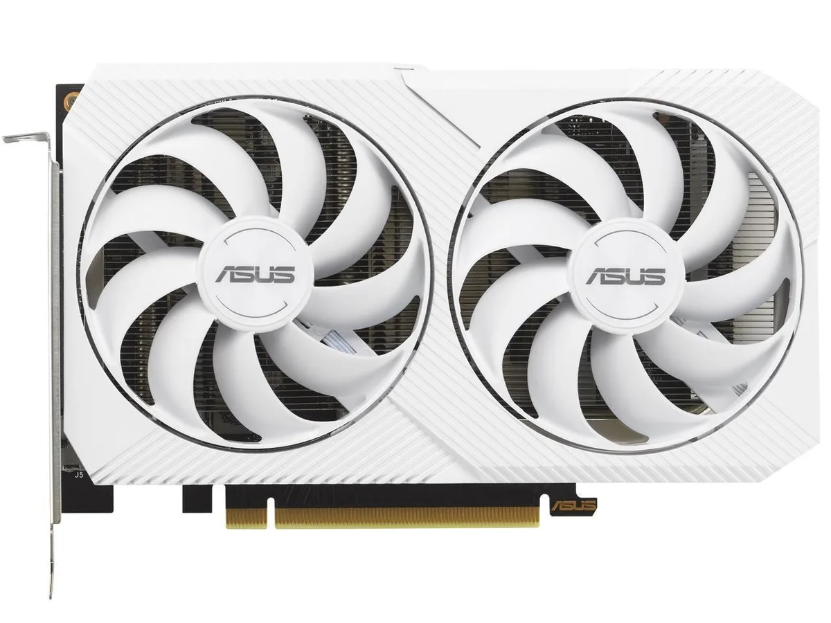 White dual-fan graphics card with silver backplate