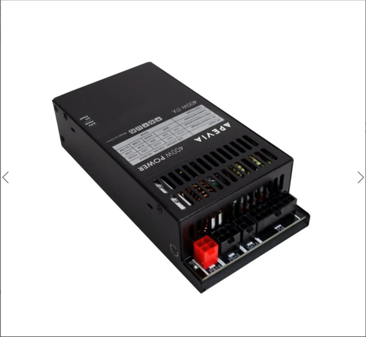 Black metal Mini ITX power supply unit with modular cables visible