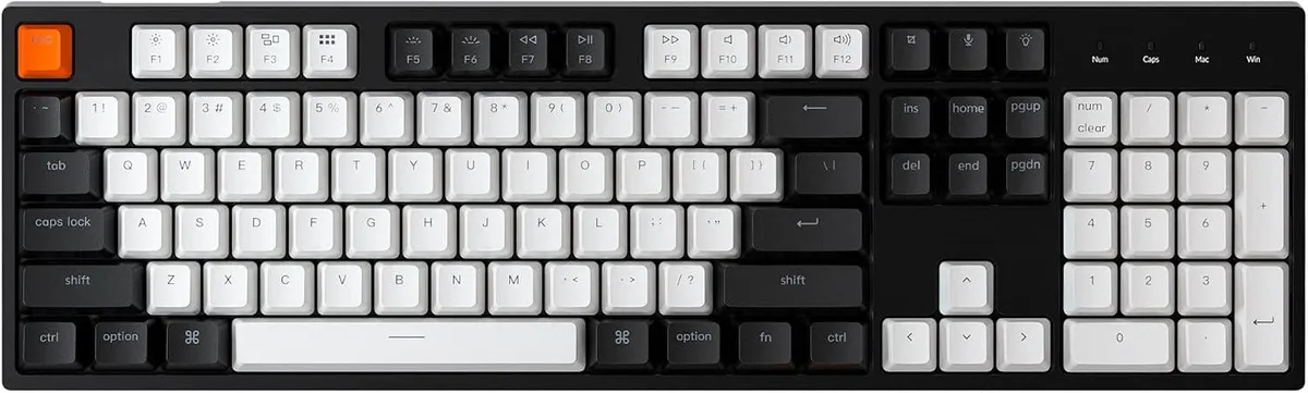 Full-size mechanical keyboard with RGB backlighting, braided USB-C cable, adjustable feet