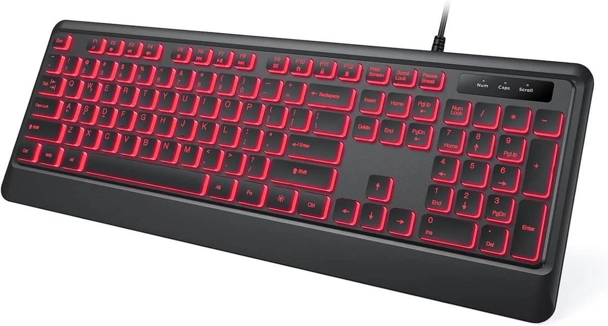 Black full-size wired keyboard with seven-colour backlight and media hotkeys