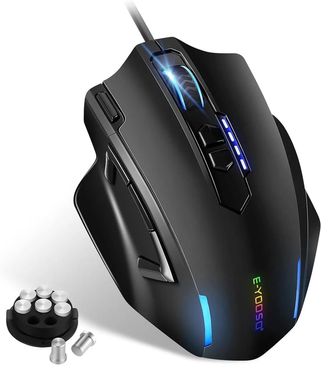 Black wired gaming mouse with ergonomic contoured shape, frosted finish, side finger rests and RGB lighting