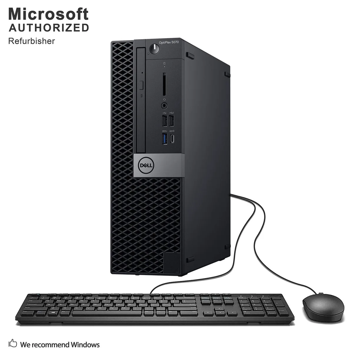 Black small-form-factor Dell OptiPlex 5070 desktop tower with keyboard and mouse