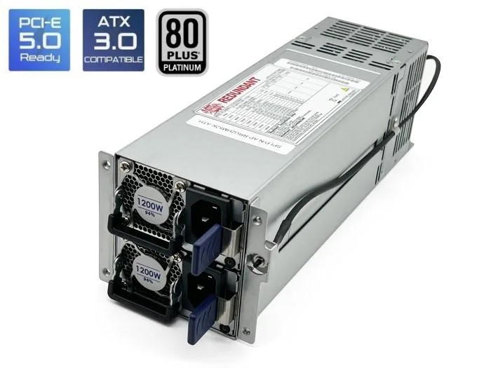 Silver rectangular 2U redundant server power supply with modular cable connectors