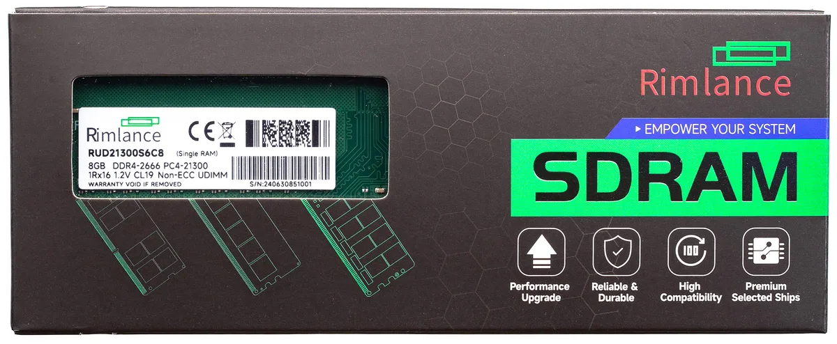 Green circuit board with black memory chips and gold edge connectors