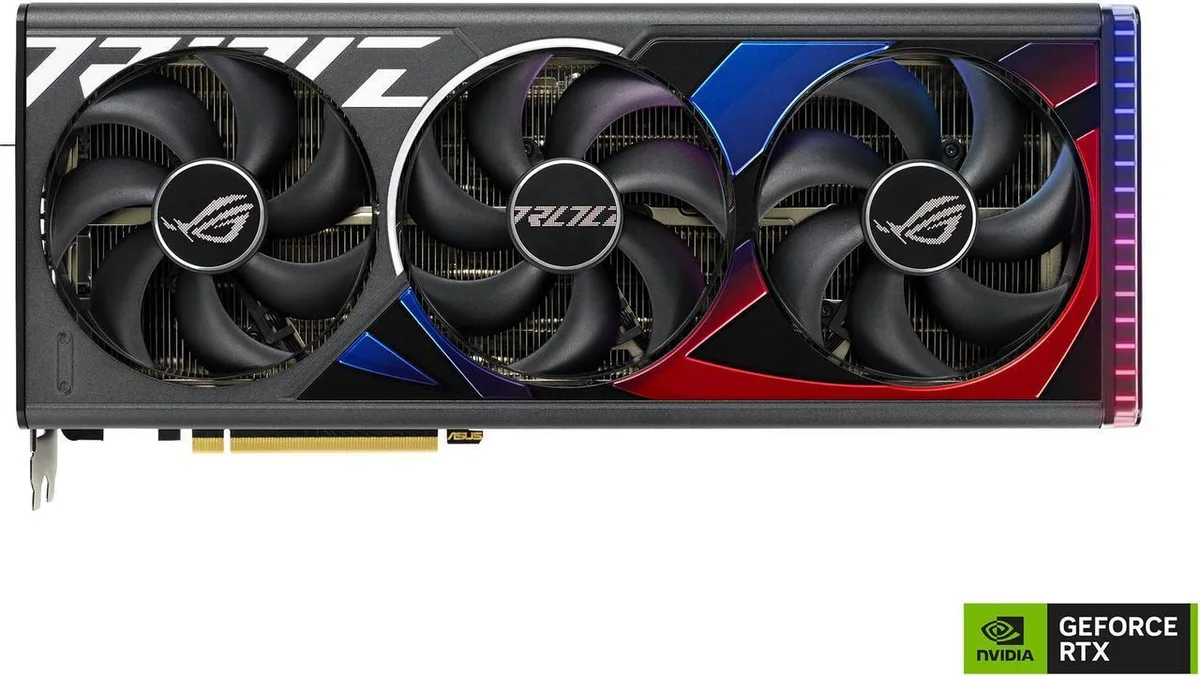 ASUS ROG Strix GeForce RTX 4080 graphics card with three axial fans and vented diecast shroud
