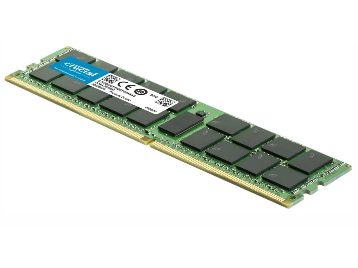 Green 288-pin DDR4 RDIMM with black chips, gold contacts, silver heatsink sticker