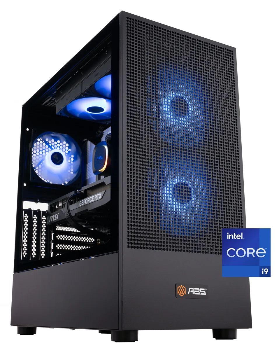 Black mid-tower case with mesh front and tempered glass side panel