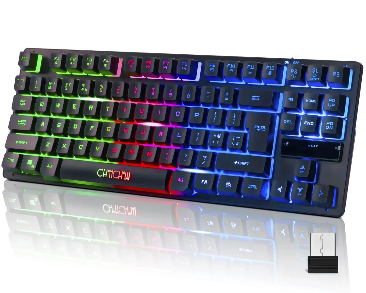Compact black 87-key wireless gaming keyboard with RGB backlighting and USB receiver