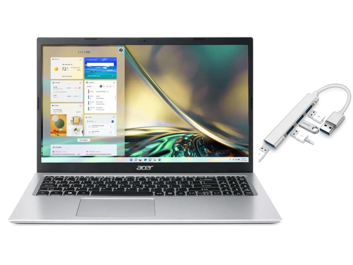 Silver 15.6 inch laptop with non-touch FHD display and standard keyboard