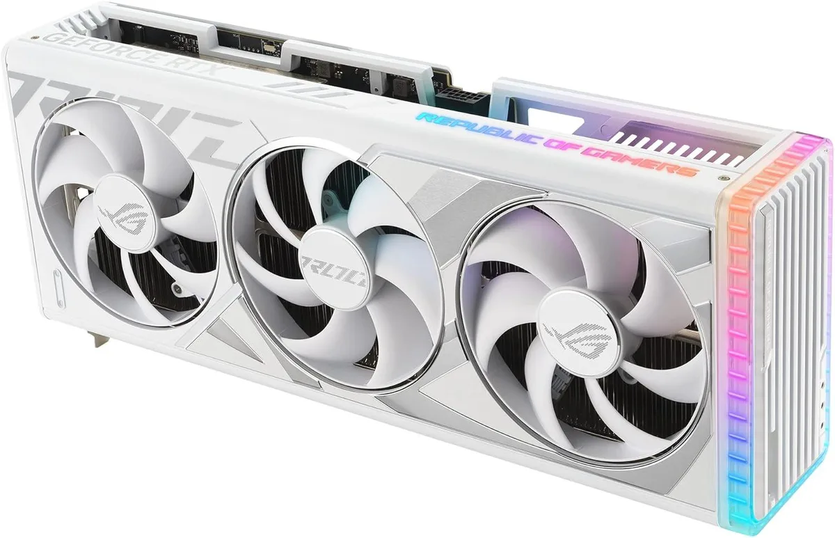 White triple-fan graphics card with silver backplate