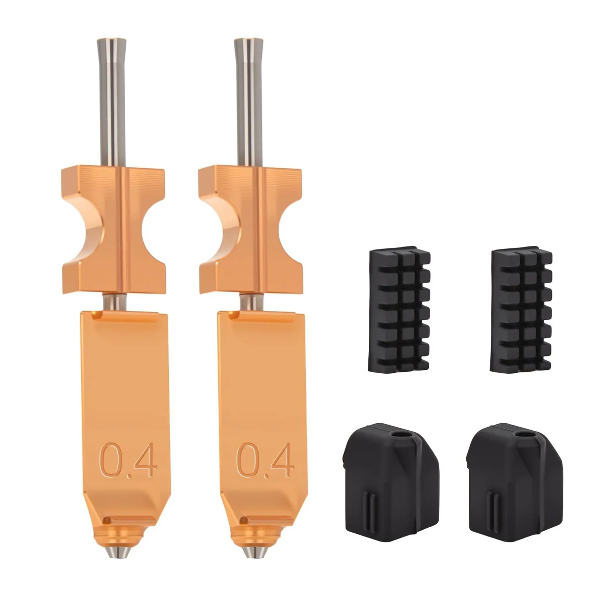 Two brass 0.4mm hot-end nozzles with copper heat blocks, silicone socks and brushes
