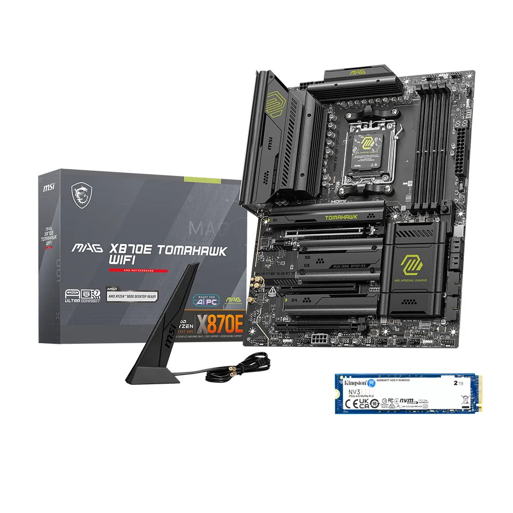 Black ATX motherboard with silver heatsinks and a slim M.2 SSD lying beside it