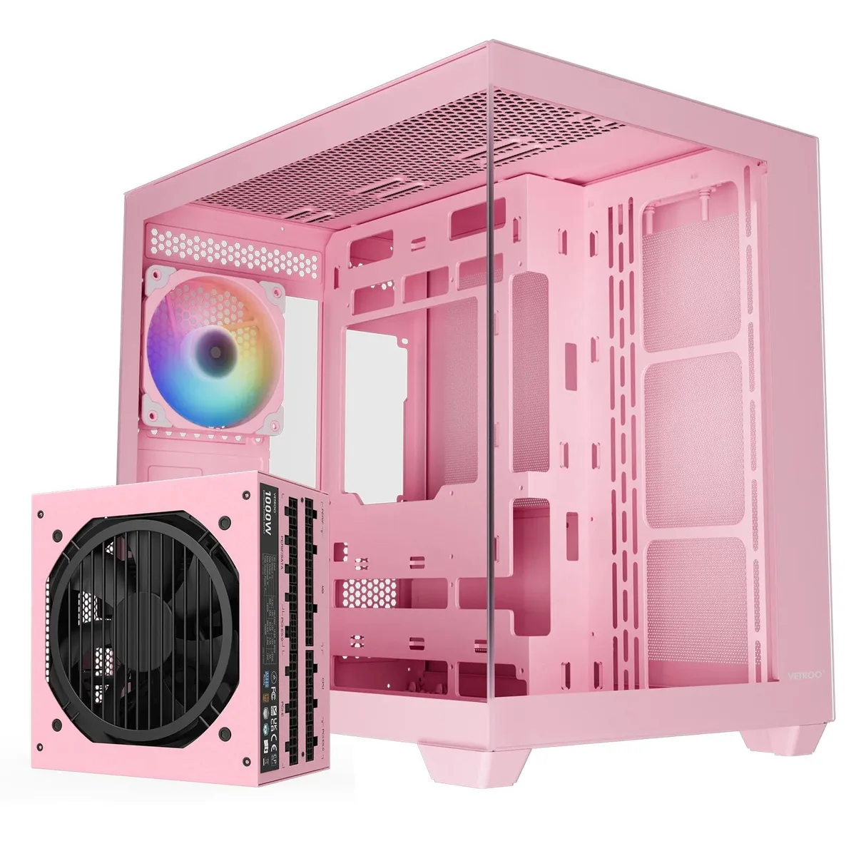 Pink ATX mid-tower case with 270° tempered glass panels and included 1000W power supply