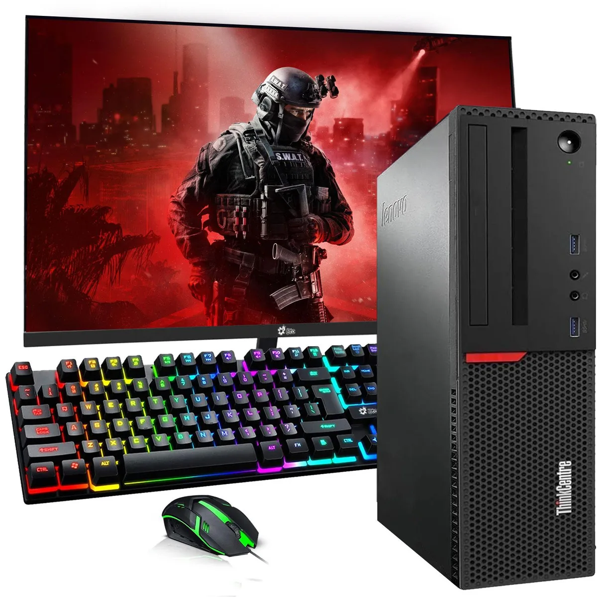 Small black tower PC with 24 inch monitor keyboard and mouse