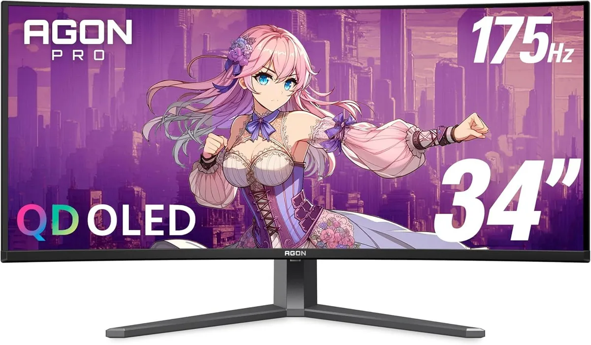 Black 34-inch ultra-wide curved QD-OLED gaming monitor on adjustable stand