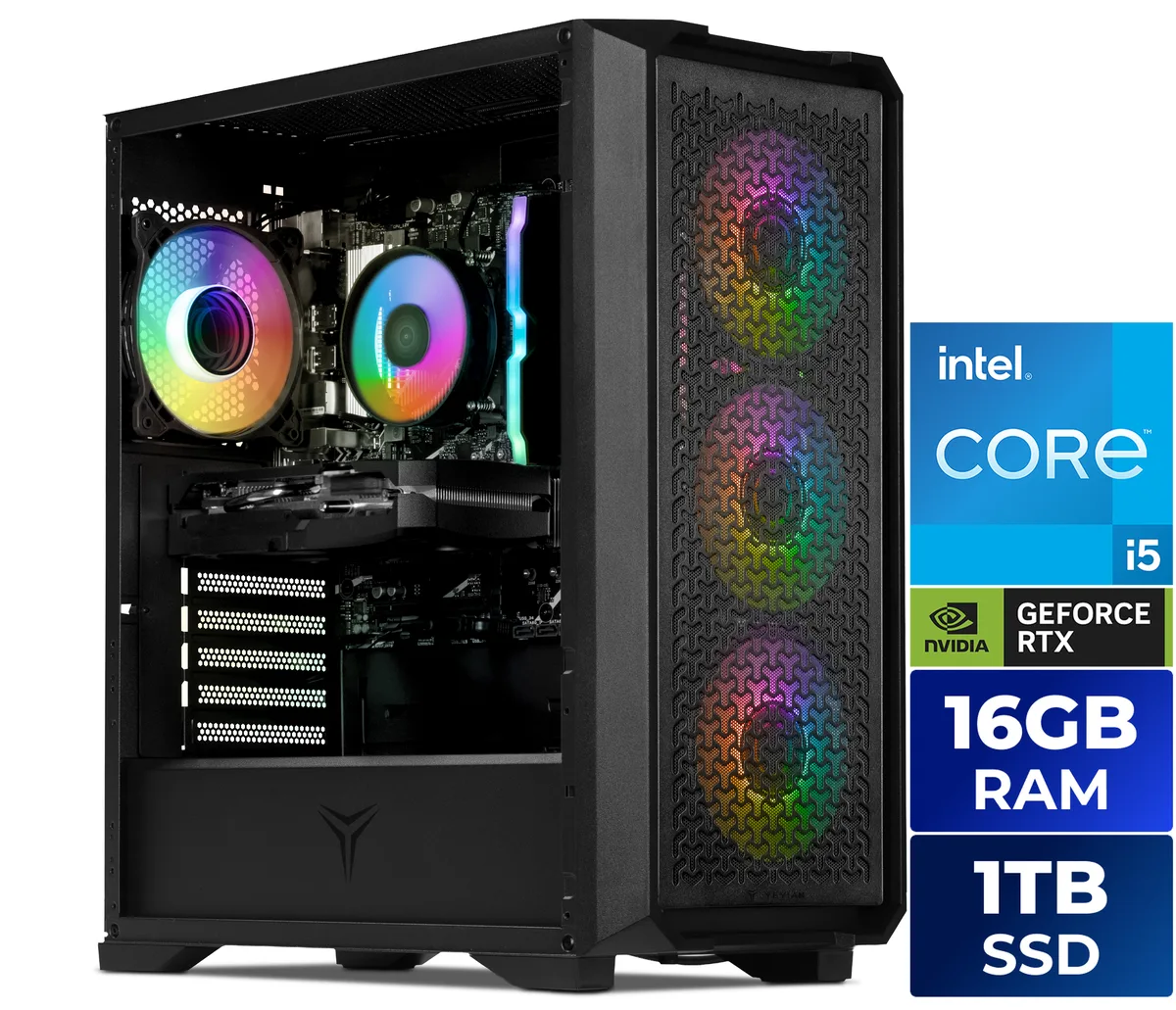 Black mid-tower desktop with side panel window and RGB keyboard
