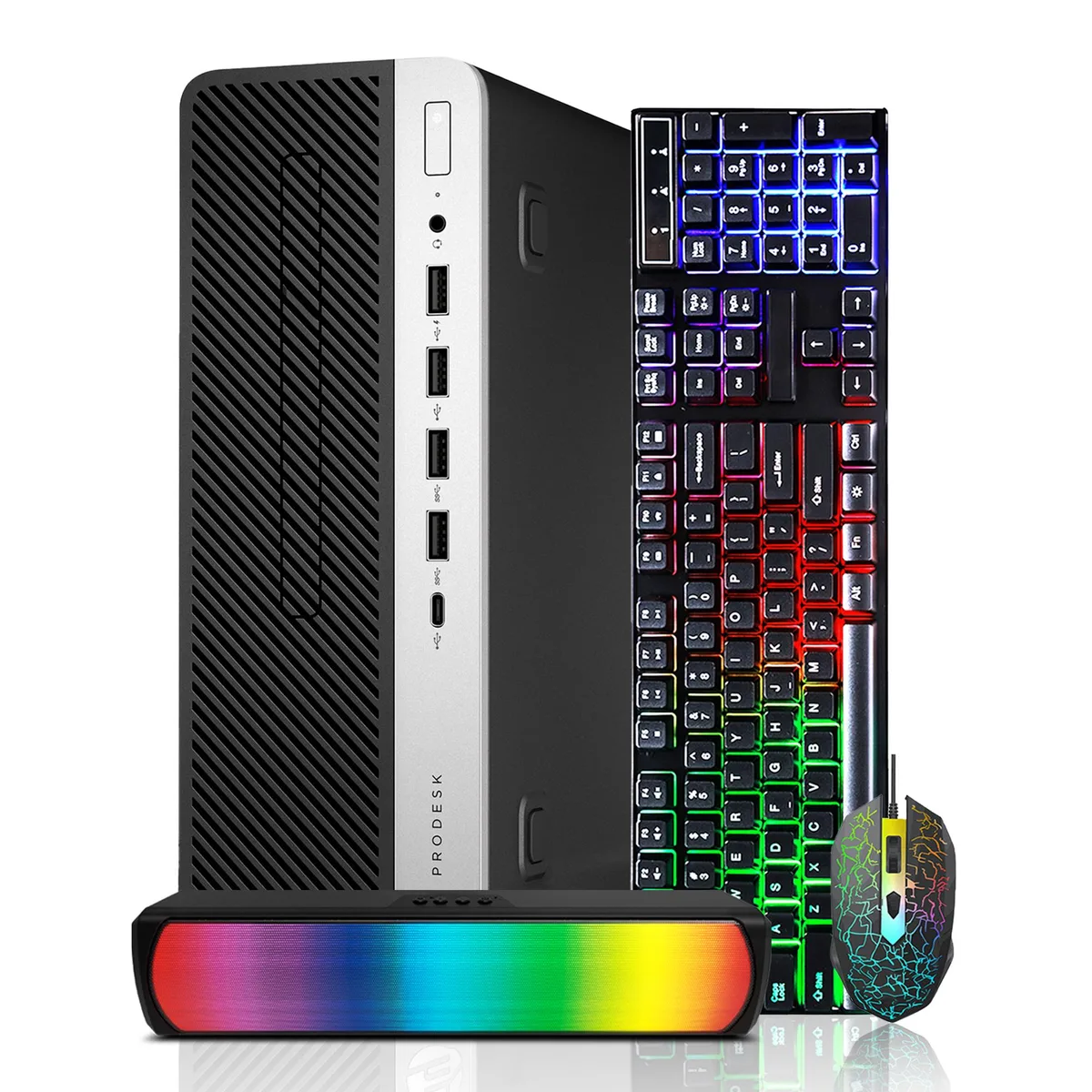 HP HP ProDesk 600 G4 SFF desktop PC i5-8500 3.00GHz 4.10GHz 32GB DDR4 2TB SSD Windows 11 Pro RGB Sound Bar — product photo
