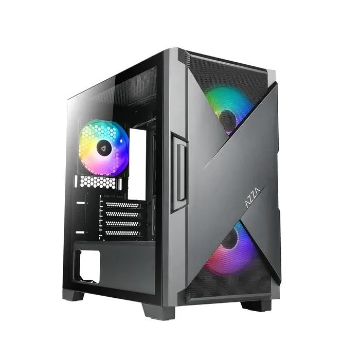 Black micro-ATX mid-tower with mesh front panel, tempered glass side window and ARGB lighting