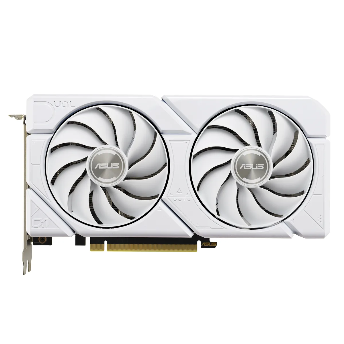 White dual-fan graphics card with silver heatsink visible, 2.5-slot metal backplate, single 16-pin power connector