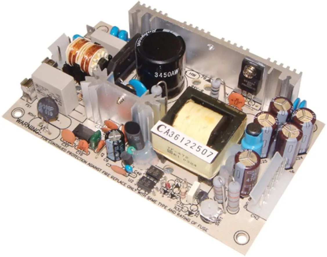 Open-frame PCB power supply with soldered components, 12V output