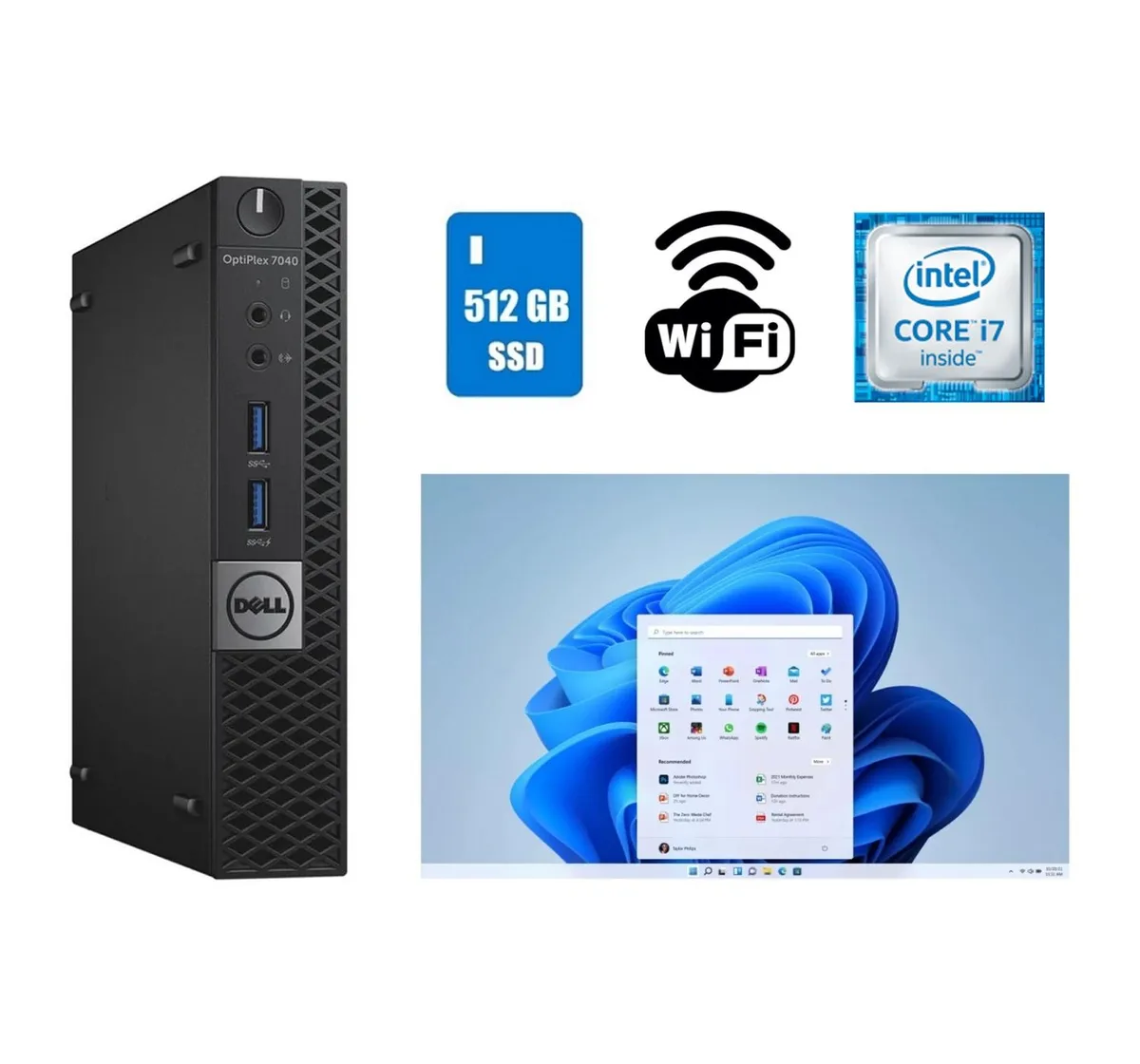 Small black Dell OptiPlex 7040 Micro desktop tower with power adapter and USB Wi-Fi dongle