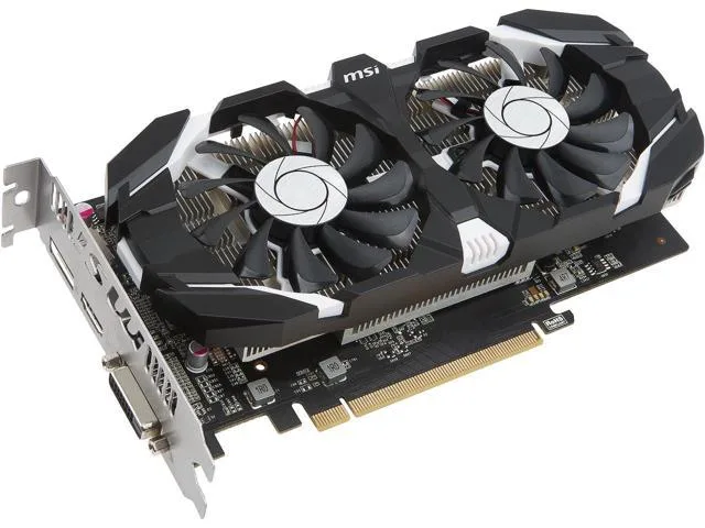 MSI GeForce GTX 1050 dual-fan graphics card with black metal shroud and backplate