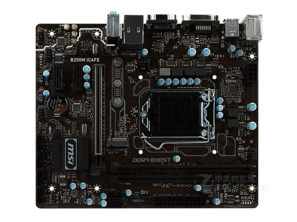 MSI B250M ICAFE Micro ATX motherboard black PCB silver slots back panel ports