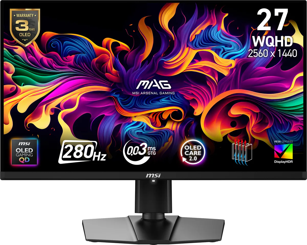 27 inch QD OLED gaming monitor in metallic black on an adjustable stand