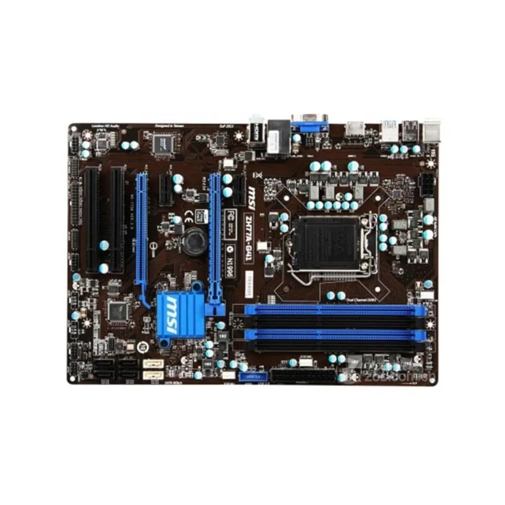 Rectangular micro ATX board in dark brown with silver ports and black slots