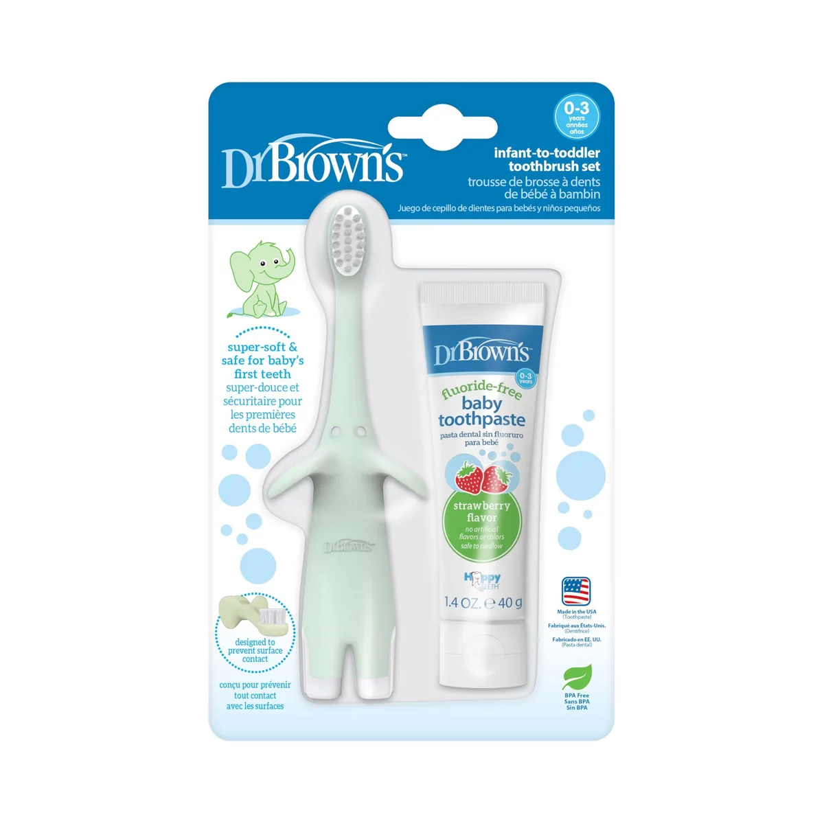  Dr. Brown's Infant-to-Toddler Toothbrush Set Mint Elephant Fluoride-Free Strawberry 0-3 years — product photo