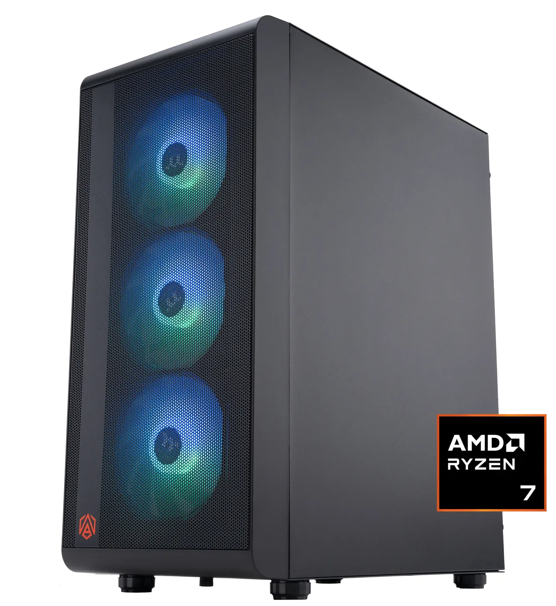Black mid-tower gaming desktop with glass side panel and RGB lighting visible inside