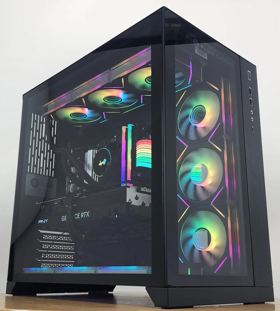 Black Lian Li O11 Dynamic ATX case with 360mm AIO RGB cooler and RTX 4070 Ti SUPER graphics card visible through tempered glass side