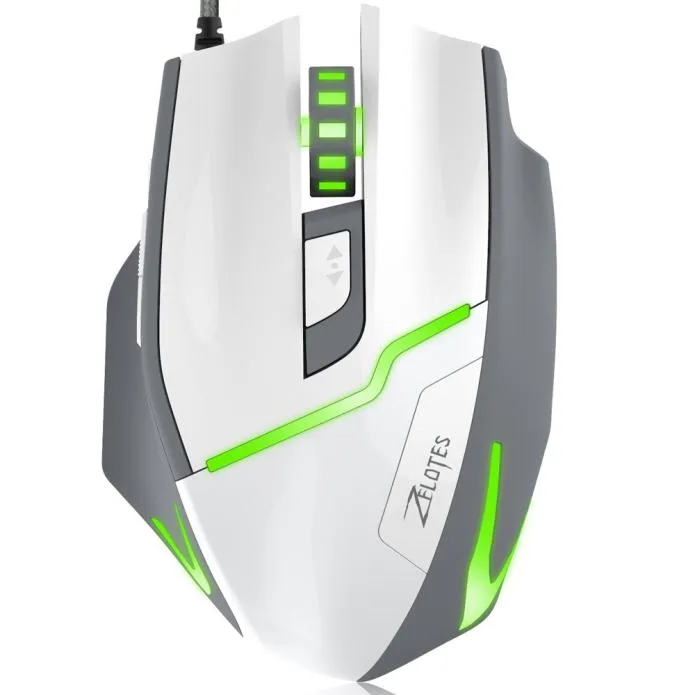 White ergonomic right-hand wired gaming mouse with seven buttons and scroll wheel