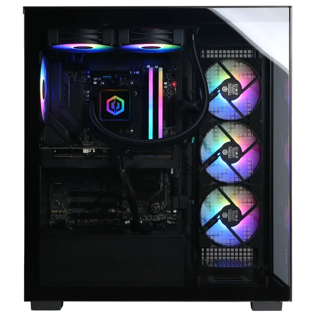Black mid-tower gaming desktop with tempered glass side panel and RGB lighting