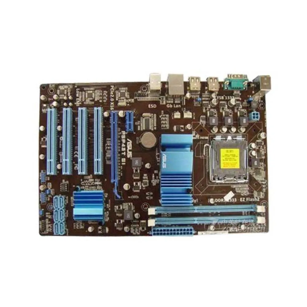 Green ATX motherboard with silver CPU socket and black memory slots