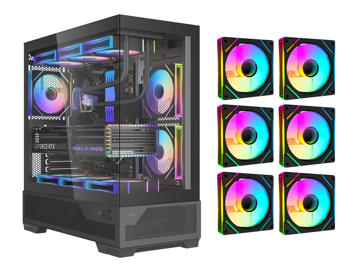 SAMA SAMA V43-BKADA6X1-GL PC case, 6 ARGB fans, 360 mm radiator, 427 mm GPU, tempered glass — product photo