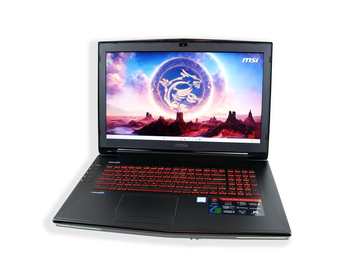 Large black aluminum gaming laptop with 17.3 inch screen and RGB keyboard