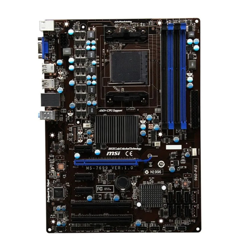 Green ATX motherboard with black sockets and silver heatsinks