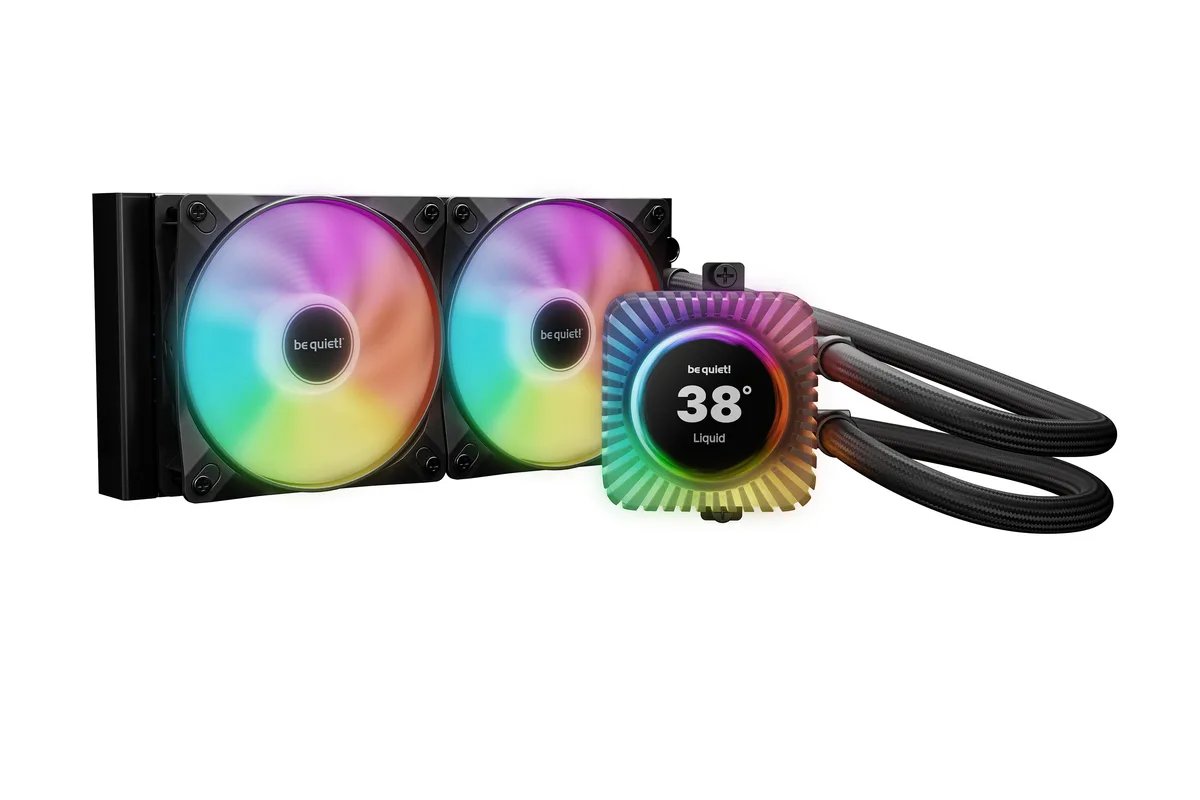Black 240mm AIO liquid cooler with rectangular IPS display on pump block, two 120mm ARGB fans, black aluminium radiator, sleeved tubes