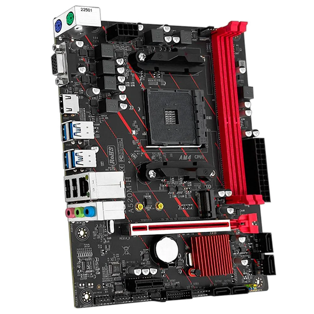 Rectangular mATX board, dark PCB, silver heatsinks, AM4 socket, two DDR4 slots, PCIe x16, M.2, four SATA