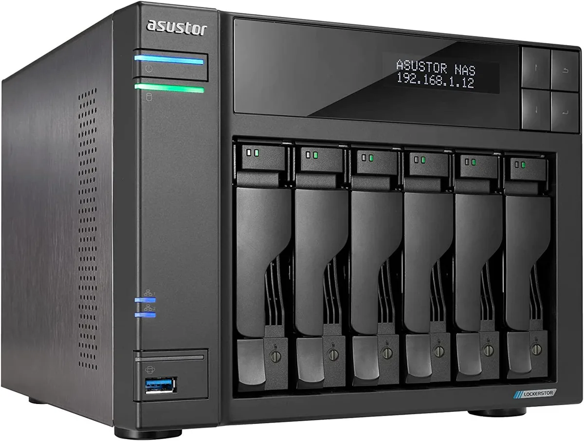 Silver six-bay desktop NAS with front drive trays and ventilation grilles
