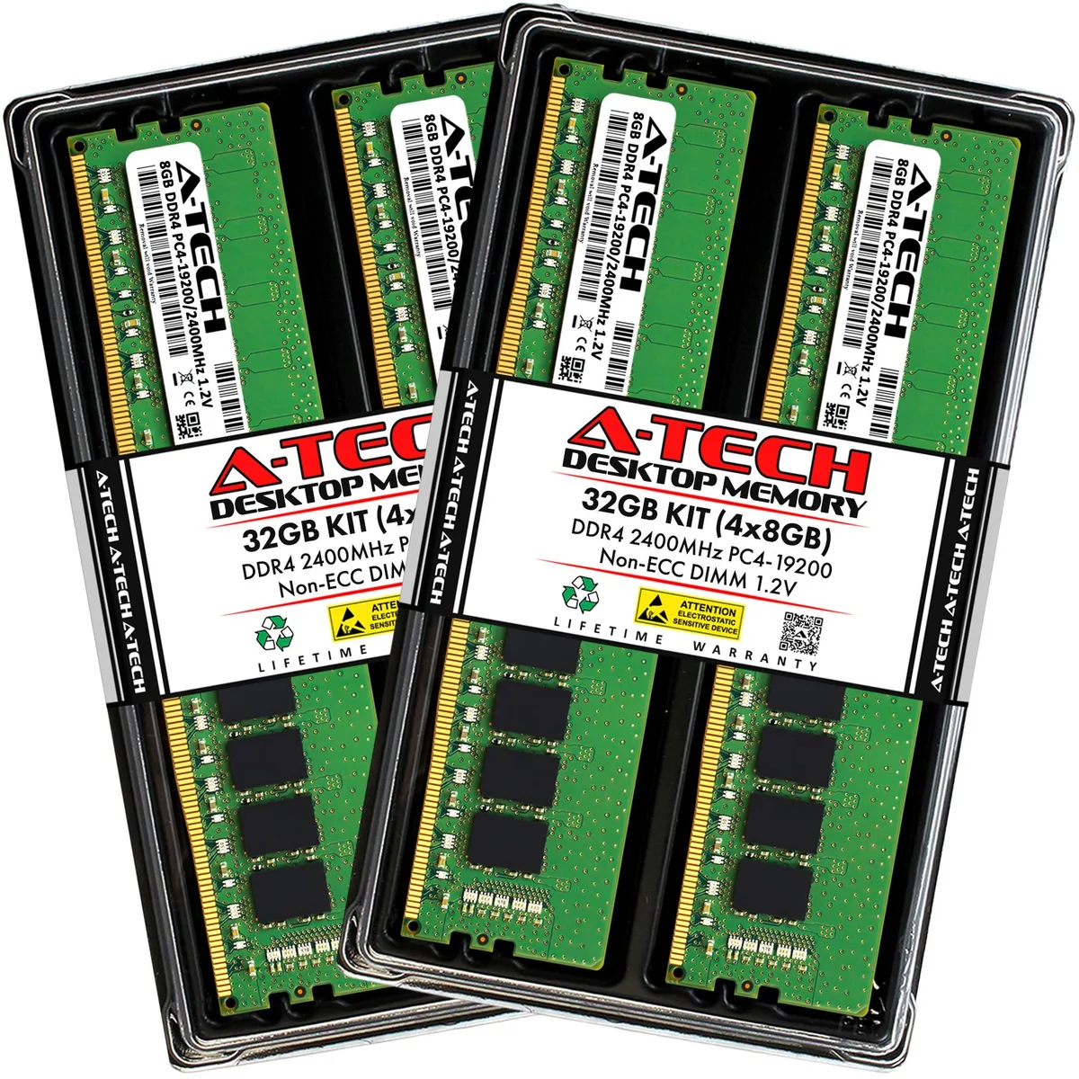 Four green DDR4 sticks with black chips and gold contacts