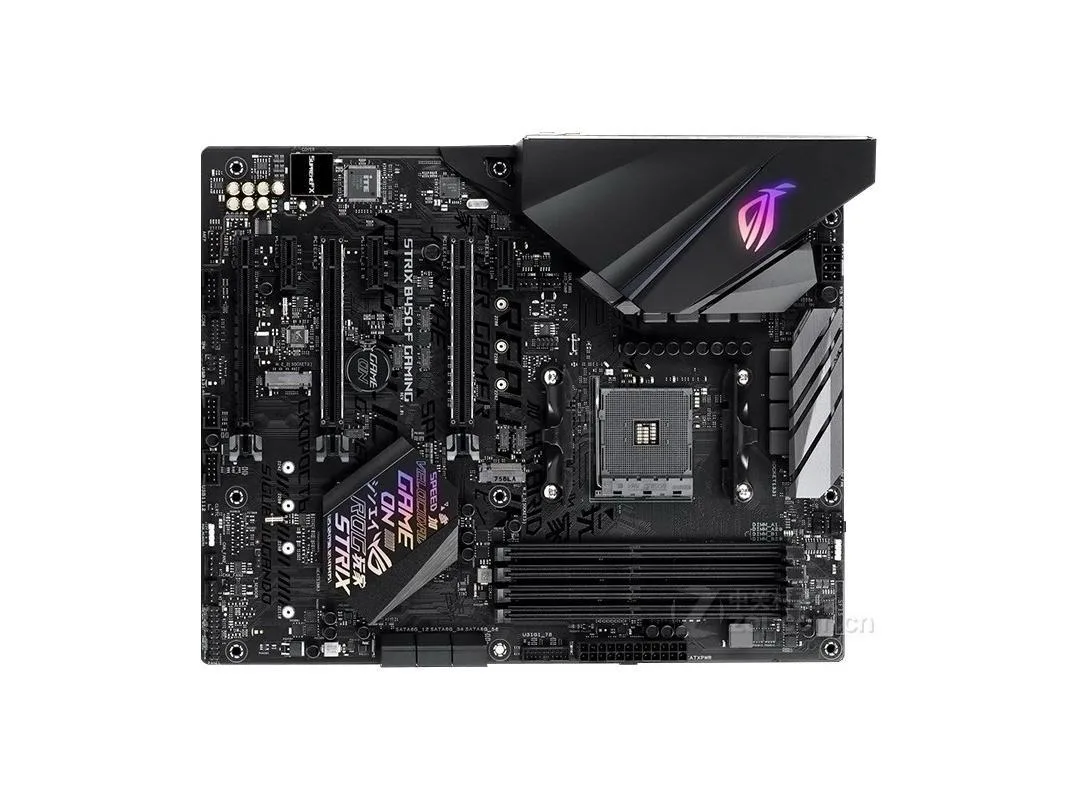 ATX motherboard with black PCB and silver heatsinks