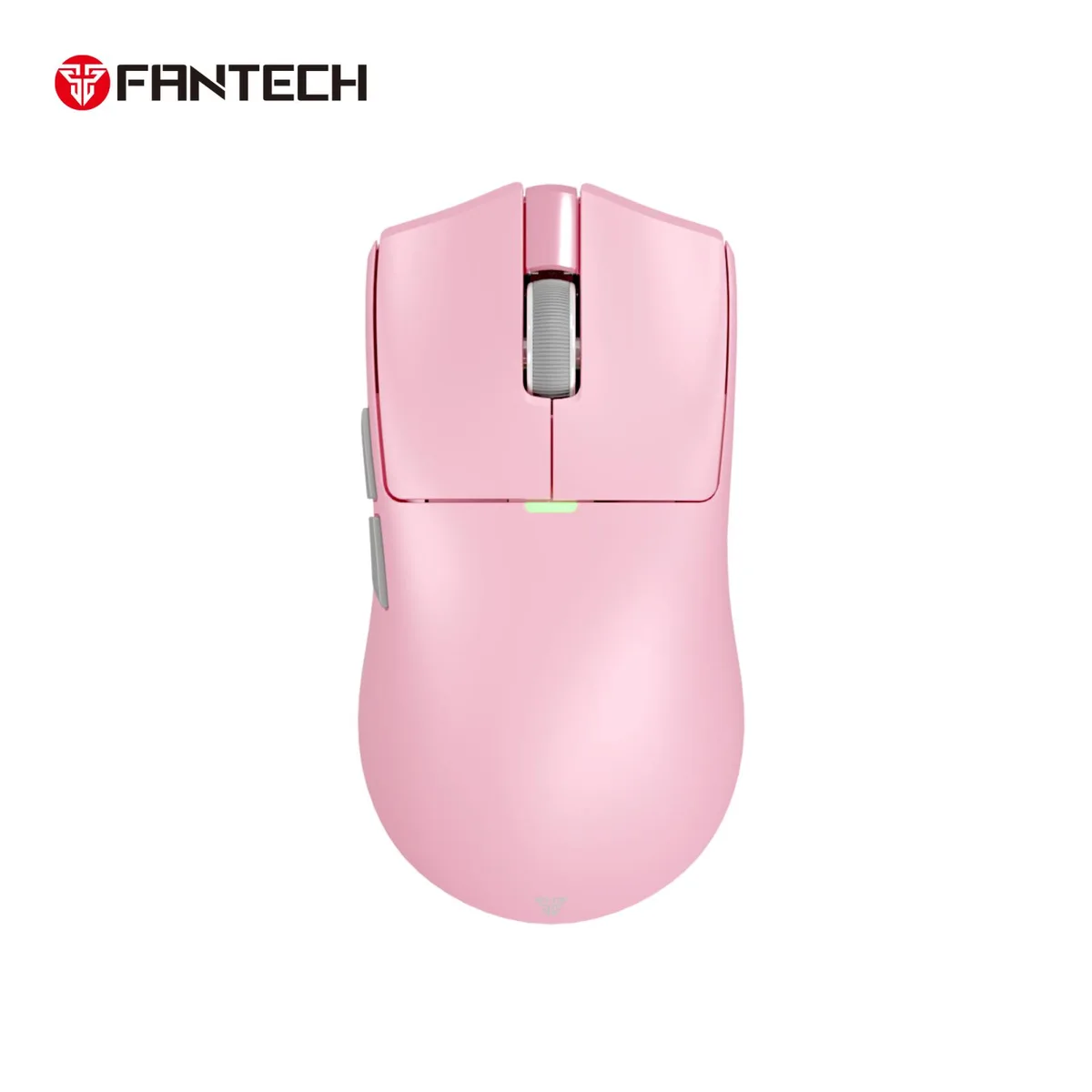 Pink wireless gaming mouse with symmetrical shape and matte finish, shown beside a matching RGB charging dock