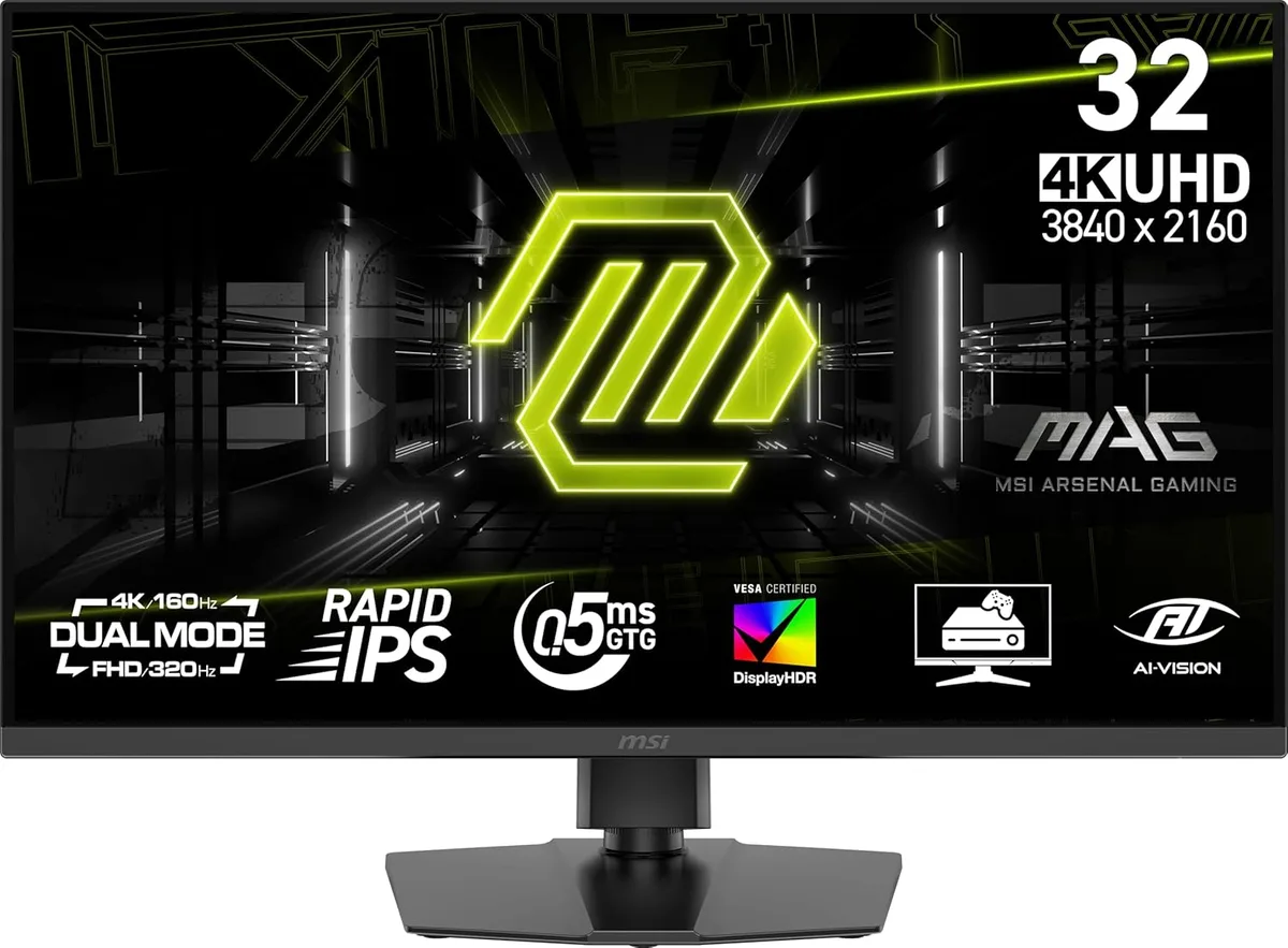 32-inch black gaming monitor on adjustable stand with RGB lighting