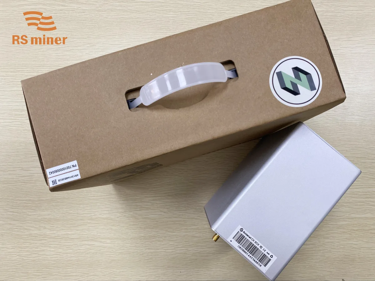 Silver rectangular crypto miner, 175mm by 150mm by 84mm, low noise 35dB, 215W, 1050GH/s hashrate